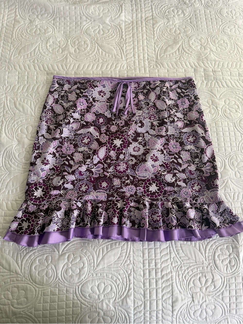 Vintage Paisley Ruffle Purple Floral Retro Mini Skirt Size 12 Boho Bow